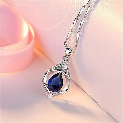 Fine Elegant Bridal Wedding Clavicle Necklace for Women Engagement Wedding Jewelry Gift Teardrop Blue Sapphire Necklace