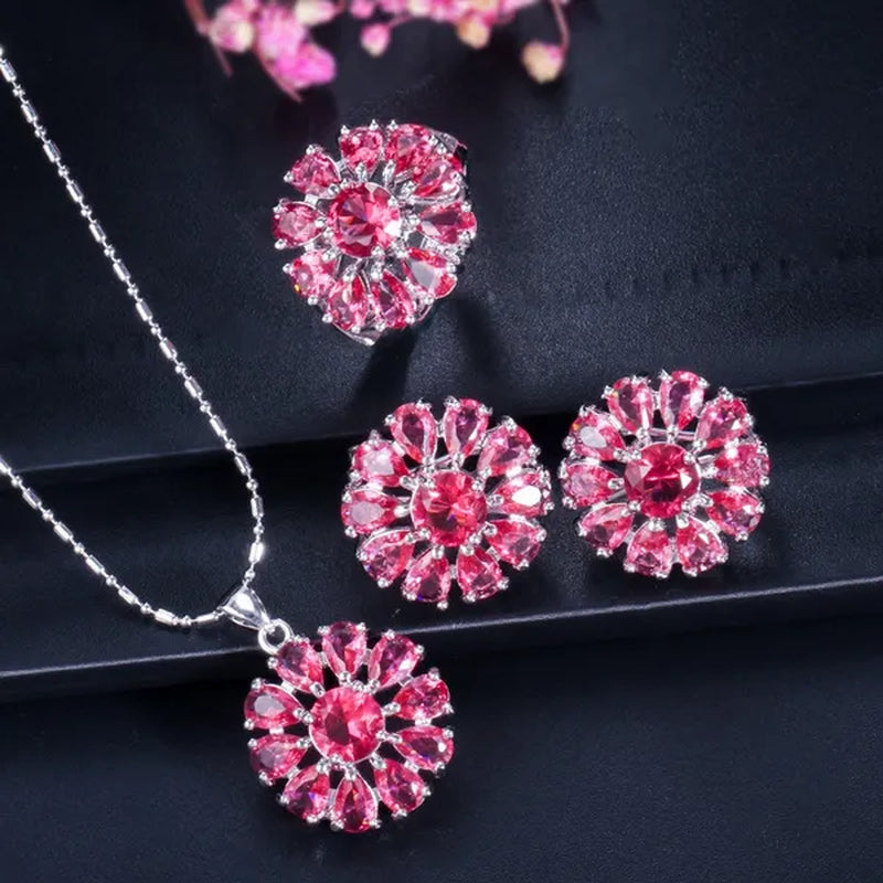 Gloriya Shining Purple Stone Sun Flower Pendant Necklace Earrings Ring Set For Women Newest Silver Color Jewelry
