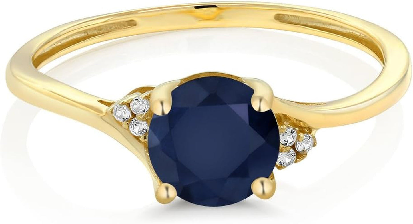10K Yellow Gold Blue Sapphire and Diamond Accent Women Engagement Ring (1.05 Cttw, round 6MM, Available in Size 5, 6, 7, 8, 9)