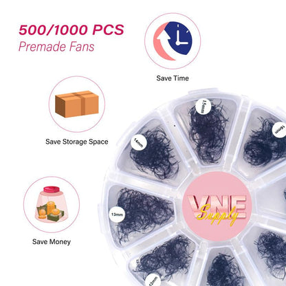 VNE Eyelashes 1000 Fans Tray Volume Lash Extensions Mixed Length | Premade Fans Eyelash Extensions | Mega Lash Extension | Promades Eyelash Fans | 10D, D Curl, 9-16Mm