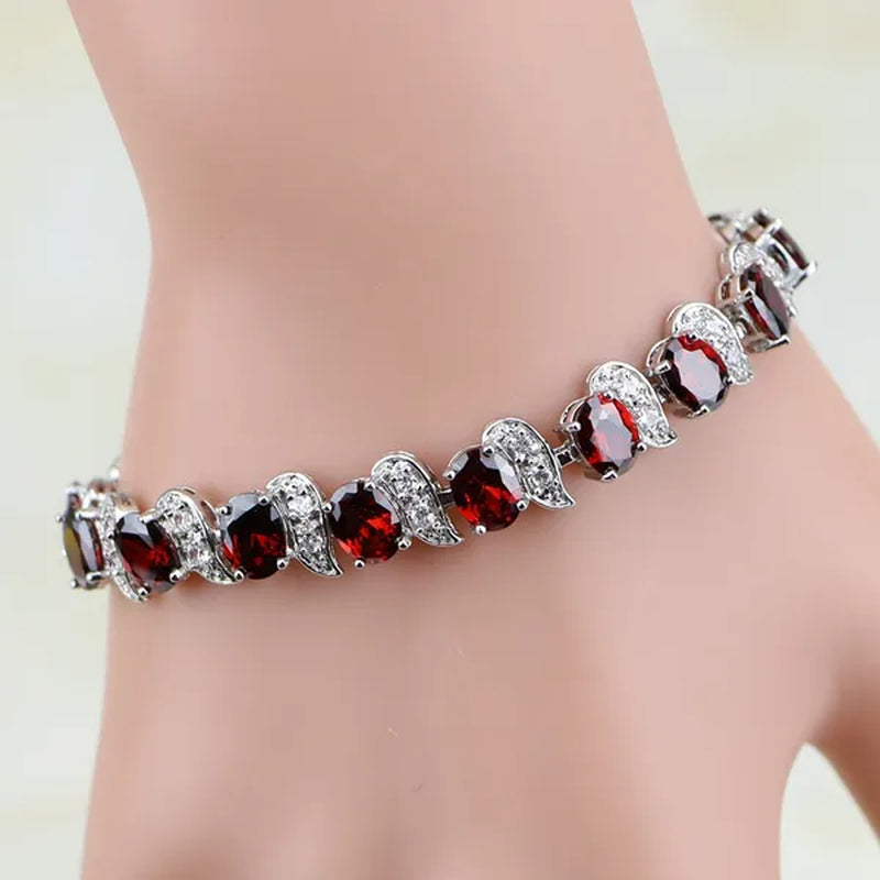 Red Garnet White Topaz 925 Sterling Silver Bridal Jewelry Charm Bracelet for Women Free Gifts Box