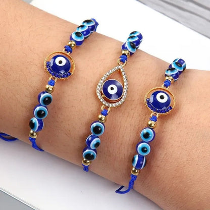 12 Pcs/Set Bohemian Handmade Braided Rope Charm Bracelets Rhinestone Blue round Beads Evil Eye Bracelet for Women Men Friendship Jewelry Gifts