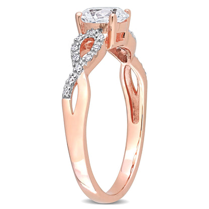 Women'S Engagement Anniversary Bridal 1 CT Round-Cut Created White Sapphire 1/10 CT Diamond 10Kt Rose Gold Solitaire Ring with Infinity Band with 4/Claw/Shared Prong Setting (G-H, I1-I2)