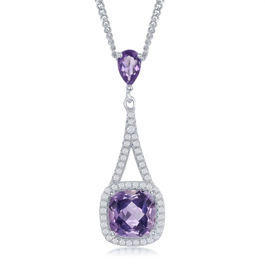 Sterling Silver High Polish Prong-Set Square Amethyst W/ White Topaz Border 17+3'' Necklace