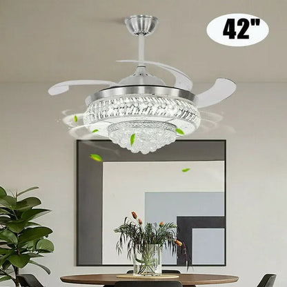 42" Invisible Ceiling Fan Light K9 Crystal LED Chandelier Retractable Blade Light with Remote Control