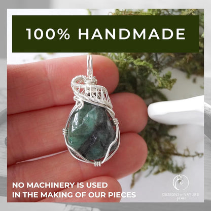 Raw Emerald Necklace, May Birthstone Jewelry, with 18 Inch Sterling Silver Chain, Genuine Raw Crystal, Handmade in North America