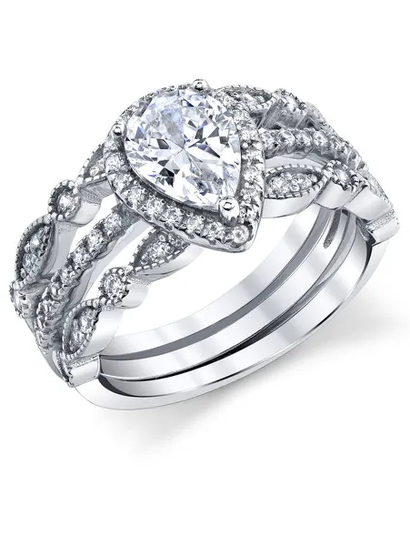 1.32Ct Sterling Silver 3Pc Pear Shape Bridal Set Engagement Wedding Ring CZ