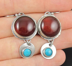 Red Agate and Turquoise Earrings Retro 925 Silver Plated Beautiful RUBY EARRINGS
