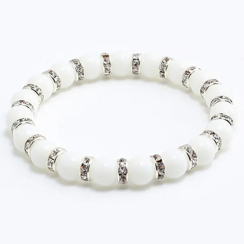 Natural Stone Pink Crystal Quartz &White Porcelain Rhinestones Bracelets & Bangles Charm Powder Beads Strand Bracelet Love Gifts for Women Men Casual Jewelry