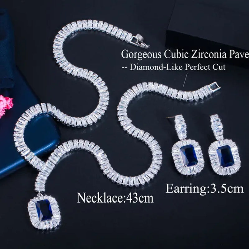 Gloriya Classic Sparkle Cubic Zircon Charm Square Pendant Choker Necklace Earrings for Bridal High Quality Sapphire Jewelry Set