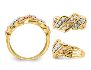14K Yellow, White, and Rose Gold Diamond-cut Beads Ring