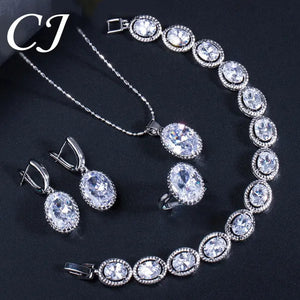CANDICE European Clear Oval CZ Stone Necklace Earrings Tennis Bracelet Ring for Women Fashionable Sterling Silver Plated Plated Party Jewelry Set
