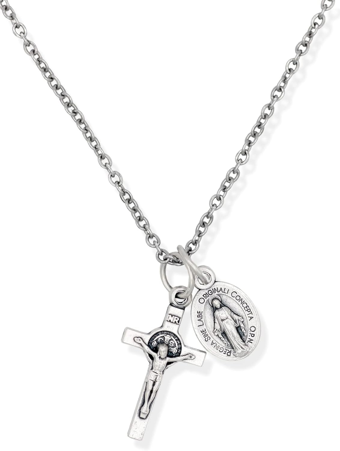 Silver Oxidized Italian Crucifix and Mary Mini Miraculous Medal Necklace on 16" Stainless Steel Chain - Jesus Mary Chain Catholic Necklace for Women, Couples Necklace, Unisex Religious Medal Necklace