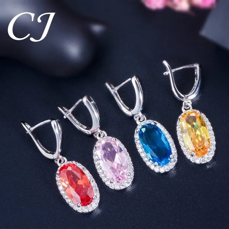 CANDICE Fashion Women Sterling Silver Plated Jewelry Sets for Girls Lovely Oval Pink CZ Stone Party Necklace Earrings Ring Set（Us 7-9)
