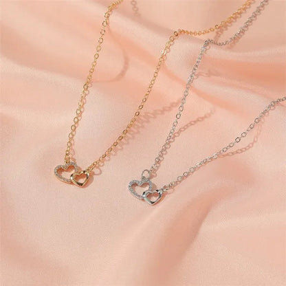 Fashion Gold and Silver Double Heart Necklace Necklace Crystal Diamond Pendant Necklace Gift for Woman