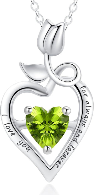 Fine Jewelry Birthstone Natural Peridot Necklace Sterling Silver Rose Flower Heart Gemstone Pendant Anniversary Birthday Gifts for Women Her Wife Mom