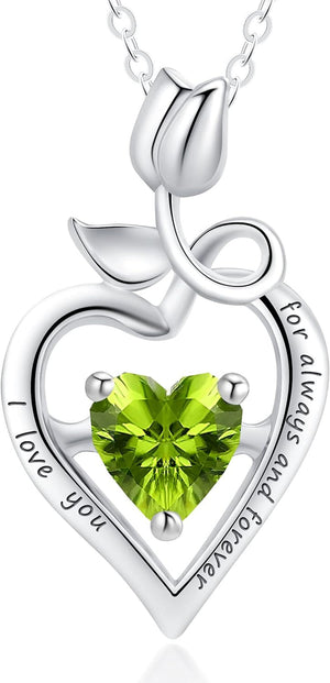 Fine Jewelry Birthstone Natural Peridot Necklace Sterling Silver Rose Flower Heart Gemstone Pendant Anniversary Birthday Gifts for Women Her Girls Wife Mom