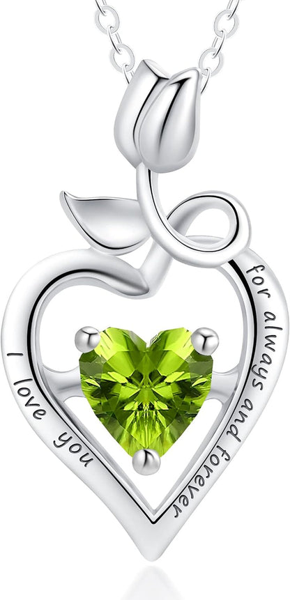 Fine Jewelry Birthstone Natural Peridot Necklace Sterling Silver Rose Flower Heart Gemstone Pendant Anniversary Birthday Gifts for Women Her Girls Wife Mom