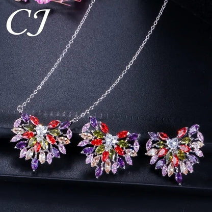 CANDICE New Fashion Women Heart Pendant Jewelry Set Pave Purple Red Green Marquise Cubic Zirconia Party Chain Necklace Big Stud Earrings Sets for Girls Gift