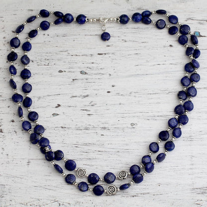 Artisan Handmade Lapis Lazuli Strand Necklace Sterling Silver Blue Beaded India Royal Reflecting Pond Birthstone [22 in L X 0.8 in W Extender 0.8 in L] ' Midnight Breeze'