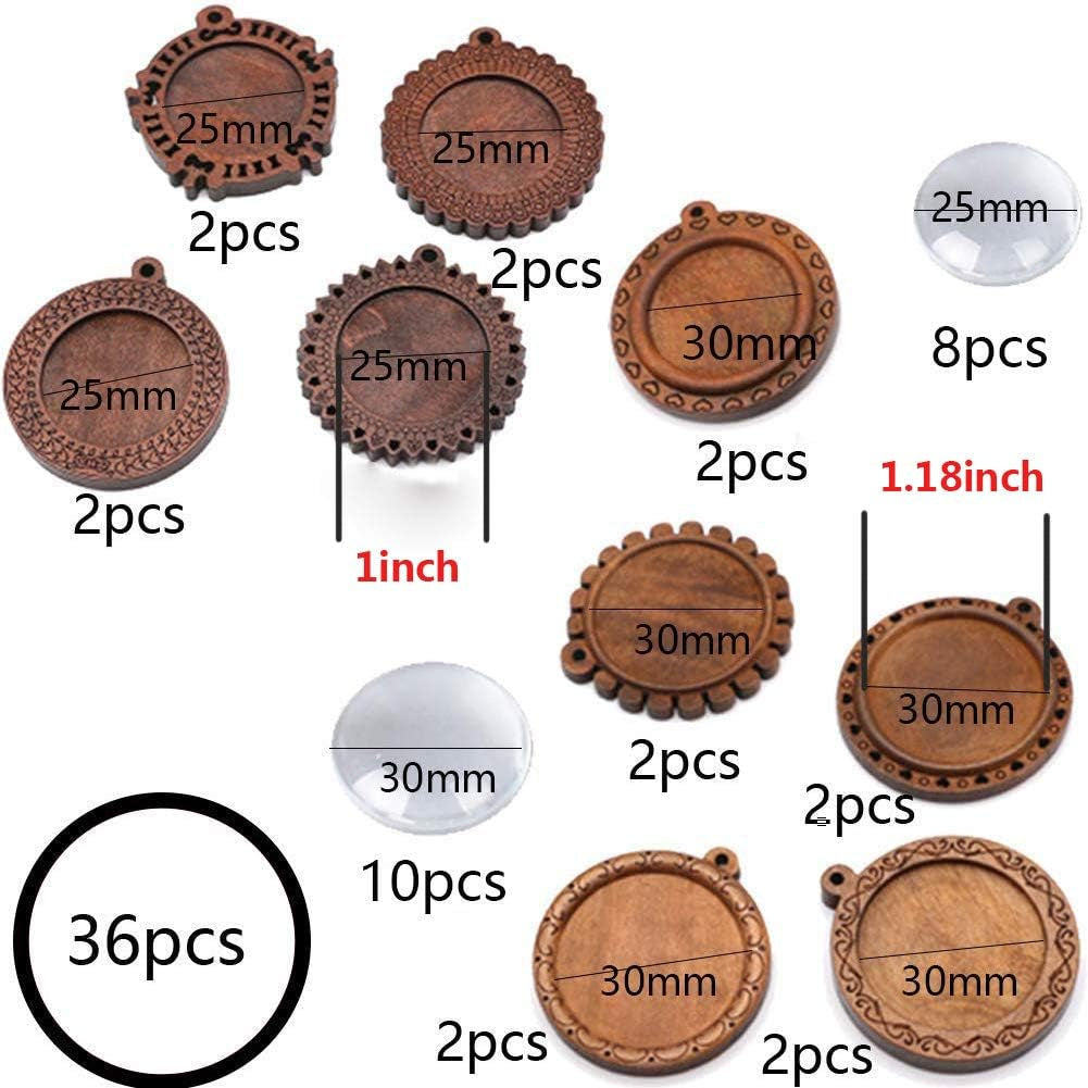 Bezel Pendant Trays round Wooden and Glass Cabochon round Clear Dome for DIY Crafting Photo Jewelry Making