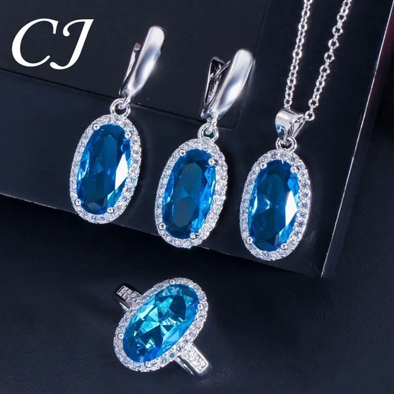 CANDICE Fashion Women Sterling Silver Plated Jewelry Sets for Girls Lovely Oval Pink CZ Stone Party Necklace Earrings Ring Set（Us 7-9)