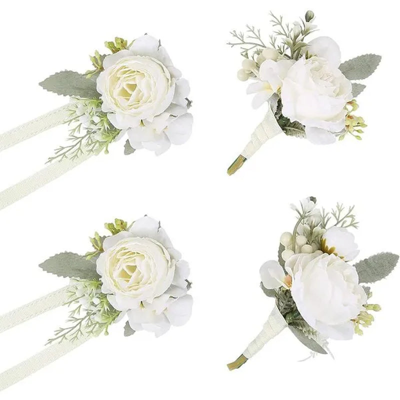 4Pcs Peony Wrist Corsages Bride Wristlet Band Bracelet Men Boutonnieres Set for Wedding Flowers Mother of Bride and Groom, Party Prom Flowers