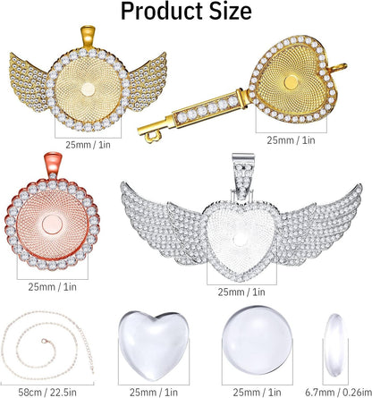 36 Pieces 25Mm Rhinestone Pendant Set, 12 Pieces 3 Shape Rhinestone Wing Bezel Pendant Tray 12 Piece Clear Glass Cabochons 12 Lobster Clasp Link Necklace Chain for DIY Jewelry Craft