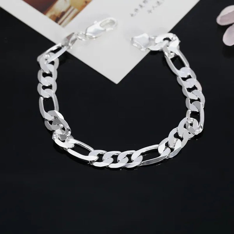 FASHION Mens Italian Sterling Silver Solid Figaro Link Chain Bracelet 8MM Men's Figaro Link Bracelet