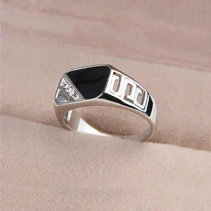 Classic Men's Punk Black Square Fashion Men's Ring Surface Classic Pattern Fashion Silver Plated Ring Size 6-12