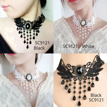 White Lace Necklace Chokers Black Collares Vintage Style Female Gothic Wedding Red Rose Crystal Diamond Pendant Collarbone Necklaces Chain Accessories for Women Girls - WORLD TIME VISITS