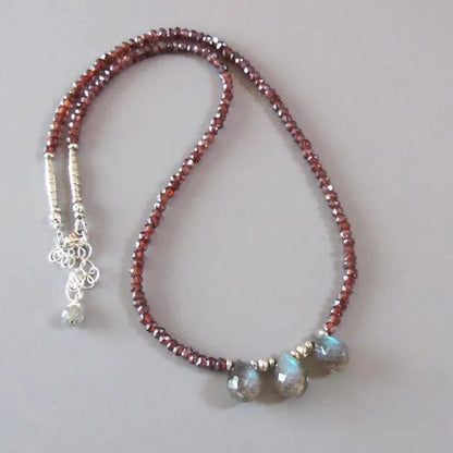 Labradorite Mystic Red Garnet Necklace Sterling Silver DJStrang Boho Chic Red Gray Blue Green Gemstone Spectrolite Briolette Sundance Style