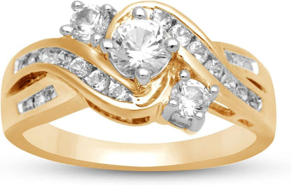 14K Yellow Gold over Sterling Silver 3 Stone round Created White Sapphire and Natural White round Diamond Accent Ring