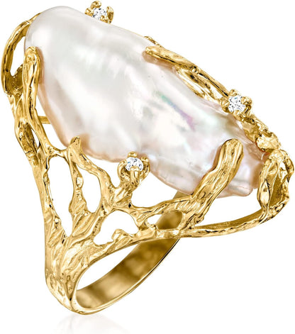 10X24Mm Cultured Baroque Pearl Ring with Diamond Accents in 14Kt Yellow Gold