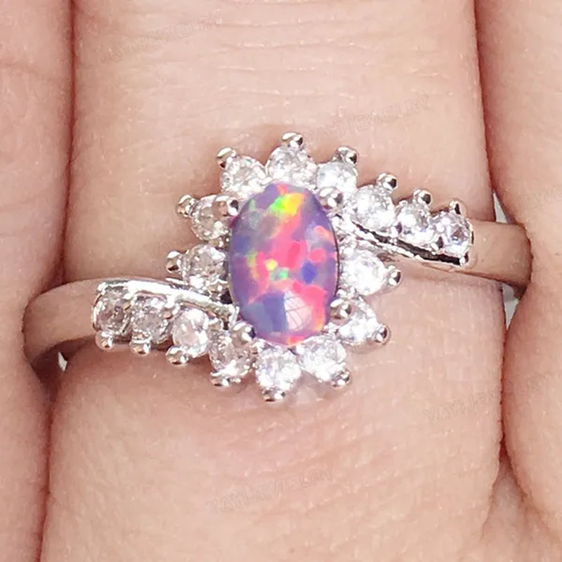Exquisite Women's  Silver Ring Oval Cut Fire Opal Diamond Jewelry Birthday Proposal Gift Bridal Engagement Party Band Rings Size 5-12