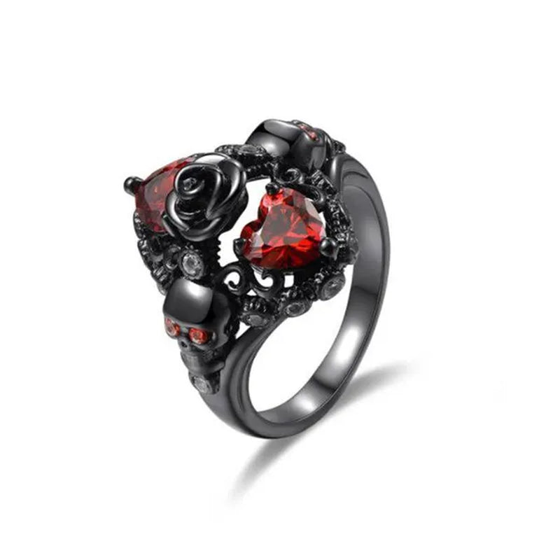 New Hip Hop Accessories Black Rose Skull Ring Female Fashion Personality Heart Red Zircon Skull Ring Creative Fashion Jewelry Punk Ring