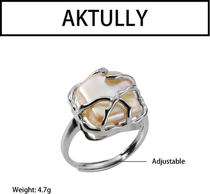 Irregular Pearl Ring for Women 18K Gold Baroque Pearl Ring Silver Geometrical Statement Ring Fashion Wedding Jewelry Gifts for Women Girls