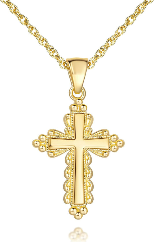 Gold Cross Necklaces for Women 14K Gold Cross Necklace for Women Crosses Pendant Necklaces for Womens Chain Gorgeous Lacework Type Design Crosses Necklace for Womens