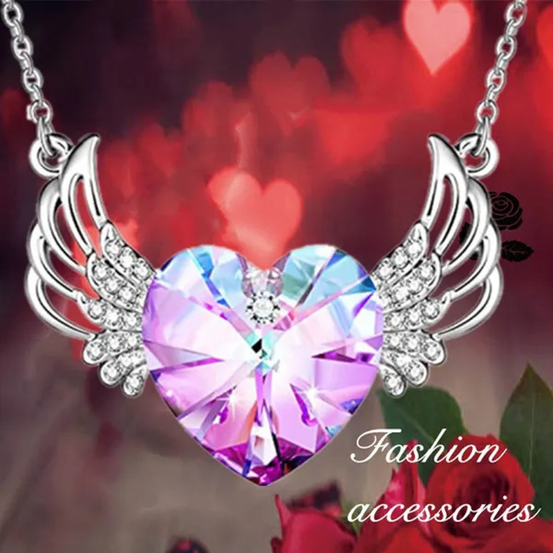 Luxury Fashion Women'S Diamond Wings Heart Crystal Necklace Angel Wings Diamond Pendant Wedding Necklace Women'S Princess Jewelry Birthday Anniversary Gift