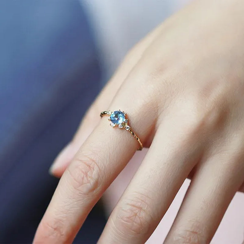 Women Dainty Seablue Sapphire Gemstone Diamond 18k gold plated  plated Rings Wedding Engagement Courtship Ring Accessories