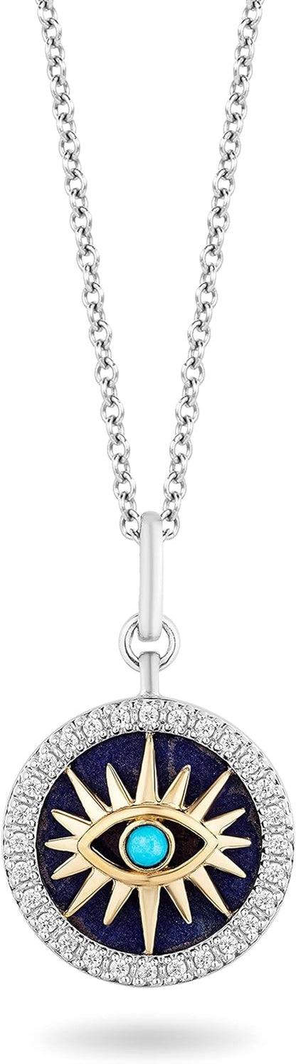 Hallmark Fine Jewelry Sterling Silver and 14K Yellow Gold with 1/6 Cttw Natural White round Diamonds with 13MM Lapis and 2MM Synthetic Turquoise Evil Eye Pendant Necklace, 18" Cable Chain