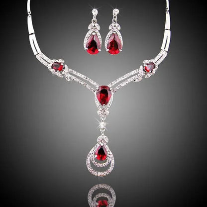 HOT Sale RED Garnet Ruby Topaz 18k Yellow/white Gold Plated Crystal Water Drop Necklace Earring Jewelry Set