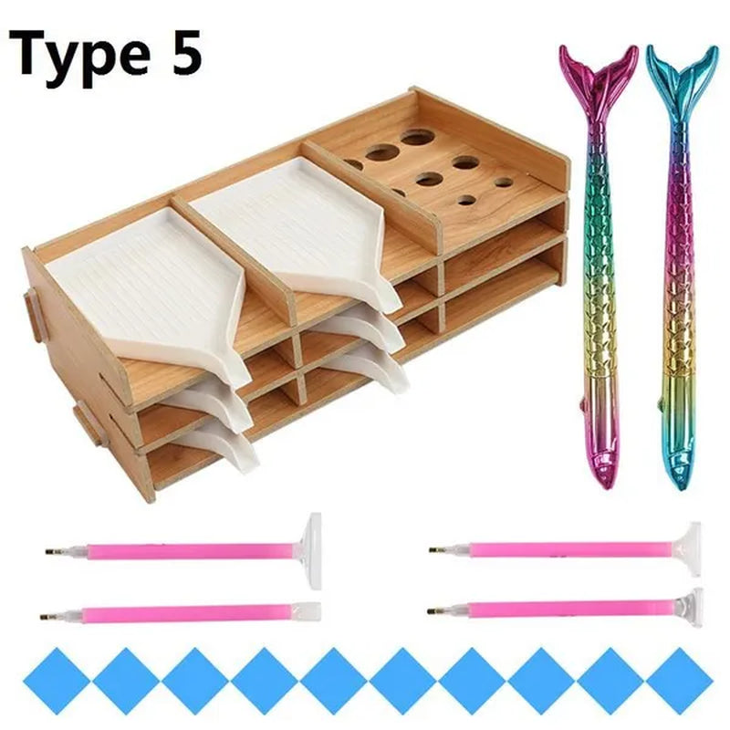 Diamond Painting Tool Tray Point Drill Pen Wood Organizer Holder Detachable Diamond Embroidery Accessories