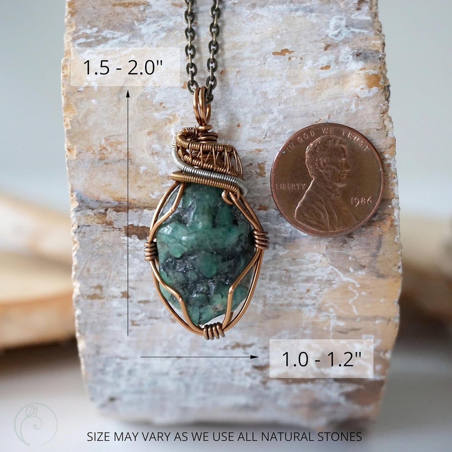 Emerald Wire Wrapped Pendant, Copper Crystal Necklace, with 24 Inch Antique Bronze Chain, May Birthstone Jewelry, Handmade in North America