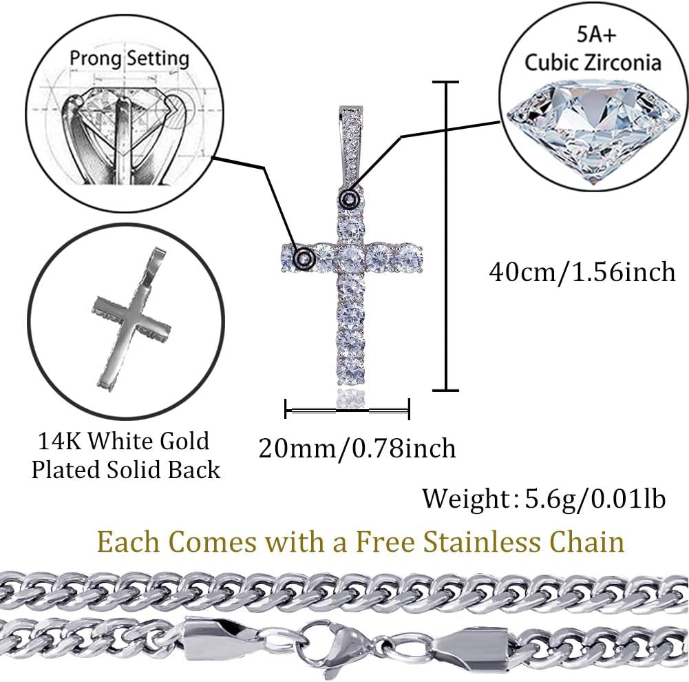 Cross Necklace for Men Gold Necklace for Women Gold Heart Cross Jewelry 14K Silver Plated Solid Iced Cubic Zirconia Stainless Steel Pendant Chain