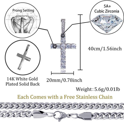 Cross Necklace for Men Gold Necklace for Women Gold Heart Cross Jewelry 14K Silver Plated Solid Iced Cubic Zirconia Stainless Steel Pendant Chain