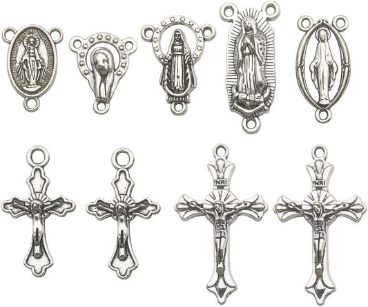 100G (60Pcs) Antique Silver Cross Jesus Maria Our Lady Miraculous Centerpiece Crucifix Medal Charms Pendants for Crafting, Jewelry Findings Making Accessory for DIY Rosary Necklace Bracelet (M154)