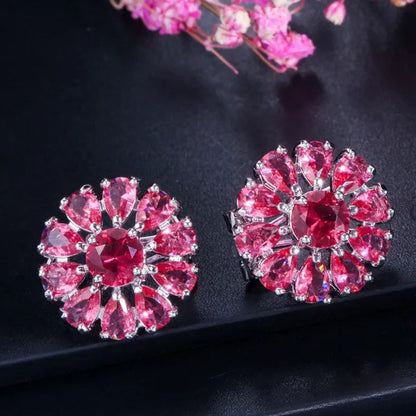 Gloriya Shining Purple Stone Sun Flower Pendant Necklace Earrings Ring Set For Women Newest Silver Color Jewelry
