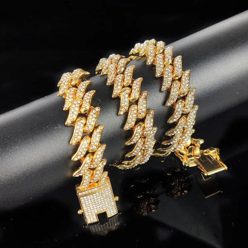 New Fashion Jewelry 925 Silver/Gold/Rose Gold Plated Men Cuban Miami Link Necklace Stainless Steel Diamond Silver Chain Necklace or Bracelet 7/8/18/20/24 Inches 1Pcs