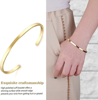 Thin Open Cuff Bracelet, Christmas Gift for Girlfriend Wife Mom, 18K Gold Plated Couples Oval Love Bracelets, Plain Polished Finish Open Cuff Bangle Jewelry Gift for Men Women